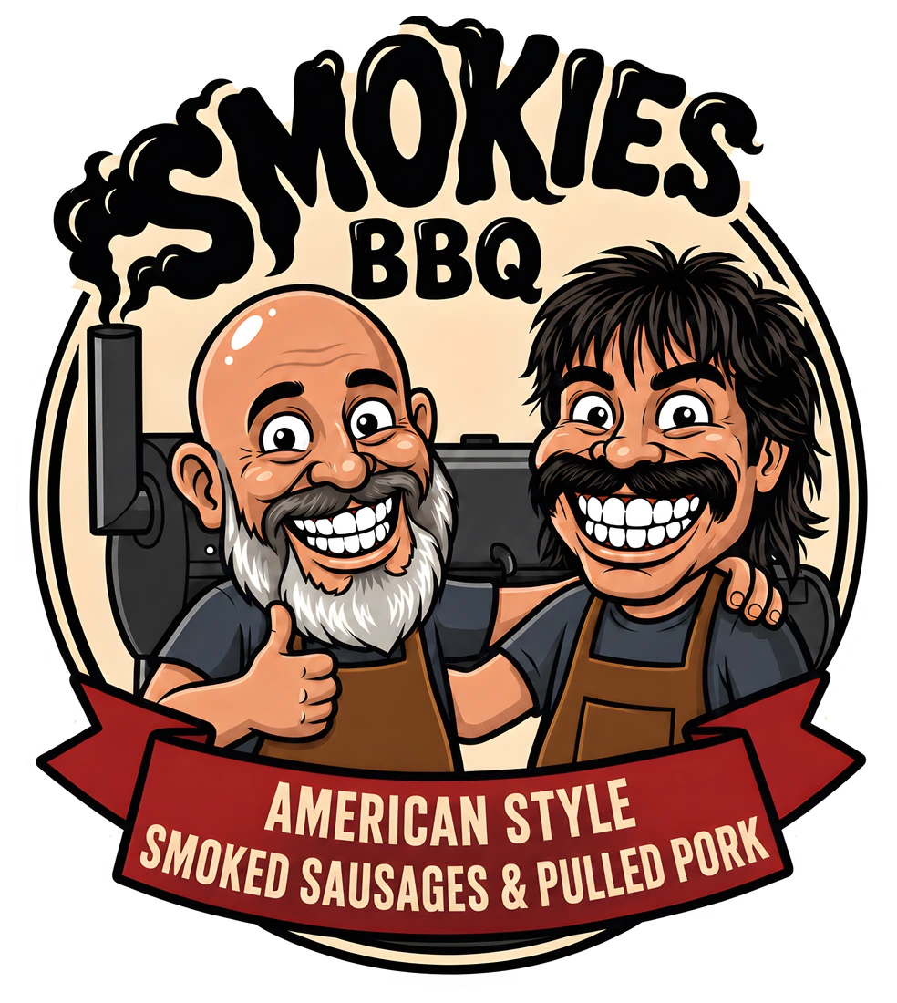 Smokies BBQ logo: two grinning cooks in brown aprons in front of a smoker, under smoke that spells Smokies BBQ