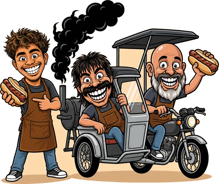 The Smokies crew on a passenger tricycle with a smoker on the back, JR holding out a sausage sandwich